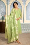 Shop_Two Sisters By Gyans x AZA_Green Tissue Woven Floral Notched Banarasi Kurta Pant Set _at_Aza_Fashions