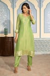 Buy_Two Sisters By Gyans x AZA_Green Tissue Woven Floral Notched Banarasi Kurta Pant Set _Online