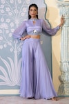 Buy_Two Sisters By Gyans x AZA_Purple Chinnon Embroidered Sequins Band Collar Crop Top And Sharara Set _at_Aza_Fashions