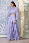 Buy_Two Sisters By Gyans x AZA_Purple Chinnon Embroidered Sequins Band Collar Crop Top And Sharara Set _Online_at_Aza_Fashions