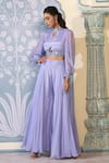 Shop_Two Sisters By Gyans x AZA_Purple Chinnon Embroidered Sequins Band Collar Crop Top And Sharara Set _Online_at_Aza_Fashions
