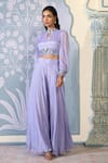 Shop_Two Sisters By Gyans x AZA_Purple Chinnon Embroidered Sequins Band Collar Crop Top And Sharara Set _at_Aza_Fashions