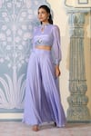 Shop_Two Sisters By Gyans x AZA_Purple Chinnon Embroidered Sequins Band Collar Crop Top And Sharara Set 