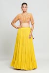 Buy_SHRADDHA RAMBHIA_Yellow Slub Silk Embroidered Thread Round Banarasi Lehenga Set _at_Aza_Fashions