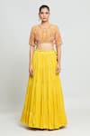 SHRADDHA RAMBHIA_Yellow Slub Silk Embroidered Thread Round Banarasi Lehenga Set _Online_at_Aza_Fashions