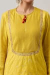 Shop_SHRADDHA RAMBHIA_Yellow Banarasi Silk Embroidery Marodi Round Bloom Work Pintucked Yoke Kurta Set _Online_at_Aza_Fashions