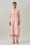 SHRADDHA RAMBHIA_Pink Banarasi Silk Embroidery Marodi Round Florin Work Pintucked Yoke Kurta Set _Online_at_Aza_Fashions