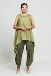 Buy_SHRADDHA RAMBHIA_Green Slub Silk/satin Silk Pintucked High Low Tunic With Print Balloon Pant _at_Aza_Fashions