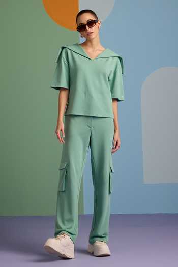 Buy_Muvazo_Green Cotton, Polyester Collared Malachite Flap Top And Pant Set _at_Aza_Fashions