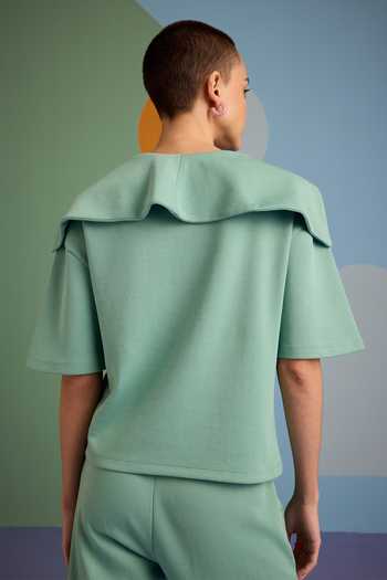 Shop_Muvazo_Green Cotton, Polyester Collared Malachite Flap Top And Pant Set _at_Aza_Fashions