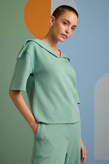 Muvazo_Green Cotton, Polyester Collared Malachite Flap Top And Pant Set _at_Aza_Fashions