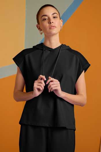 Muvazo_Black Cotton, Polyester Halter Neck Ethereal Elegance Hoodie With Pant _Online_at_Aza_Fashions