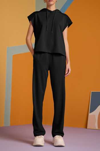 Buy_Muvazo_Black Cotton, Polyester Halter Neck Ethereal Elegance Hoodie With Pant _Online_at_Aza_Fashions