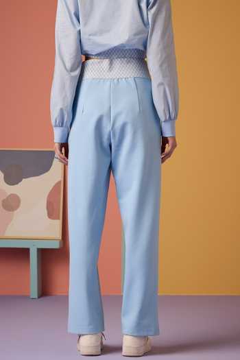 Shop_Muvazo_Blue Cotton, Polyester, Lycra Collared Ice Top And Pant Set _at_Aza_Fashions