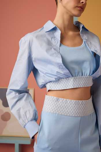 Muvazo_Blue Cotton, Polyester, Lycra Collared Ice Top And Pant Set _Online_at_Aza_Fashions