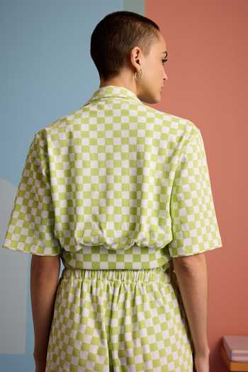 Shop_Muvazo_Green Cotton, Polyester Collared Checkmate Vibe Top With Pant _at_Aza_Fashions