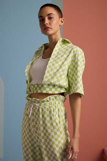 Muvazo_Green Cotton, Polyester Collared Checkmate Vibe Top With Pant _Online_at_Aza_Fashions