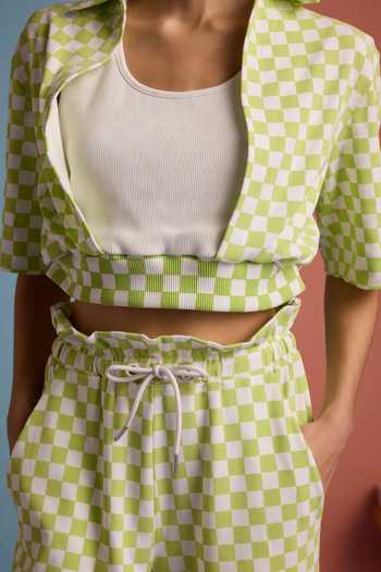 Muvazo_Green Cotton, Polyester Collared Checkmate Vibe Top With Pant _at_Aza_Fashions
