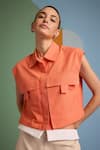 Shop_MUVAZO_Orange Top Cotton Slub Plain Collared Neck Citrus Pocketed With Pant  _Online_at_Aza_Fashions