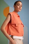 MUVAZO_Orange Top Cotton Slub Plain Collared Neck Citrus Pocketed With Pant  _at_Aza_Fashions