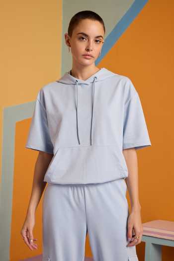 Muvazo_Blue Cotton, Polyester Halter Neck Ocean Mist Hoodie Top And Joggers Set _at_Aza_Fashions