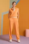 Buy_MUVAZO_Orange Interlock Plain Collared Tangerine Twist Cropped Top With Pant _at_Aza_Fashions