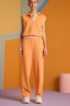 Shop_MUVAZO_Orange Interlock Plain Collared Tangerine Twist Cropped Top With Pant _Online_at_Aza_Fashions