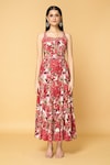 Adara Khan_Multi Color Muslin Embellished Mirror Work Square Floral Print Tiered Maxi Dress_Online_at_Aza_Fashions