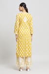 Shop_Samyukta Singhania_Yellow Glazed Cotton Embroidered Thread Notched Printed Kurta And Pant Set _at_Aza_Fashions