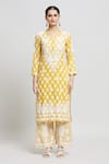 Samyukta Singhania_Yellow Glazed Cotton Embroidered Thread Notched Printed Kurta And Pant Set _Online_at_Aza_Fashions