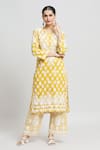 Buy_Samyukta Singhania_Yellow Glazed Cotton Embroidered Thread Notched Printed Kurta And Pant Set _Online_at_Aza_Fashions