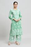 Buy_Samyukta Singhania_Green Glazed Cotton Embroidered Thread Notched Floral Printed Kurta And Pant Set _at_Aza_Fashions