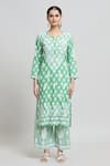 Samyukta Singhania_Green Glazed Cotton Embroidered Thread Notched Floral Printed Kurta And Pant Set _Online_at_Aza_Fashions