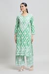 Buy_Samyukta Singhania_Green Glazed Cotton Embroidered Thread Notched Floral Printed Kurta And Pant Set _Online_at_Aza_Fashions