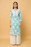 Khwaab by Sanjana Lakhani_Green Muslin Embroidery Chikankari Round Neck Bahar Print And Kurta _Online_at_Aza_Fashions