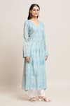 Buy_Adara Khan_Blue Faux Tissue Embroidery Mukaish Leaf Neck Paisley Fleur Chikankari Kurta_Online_at_Aza_Fashions