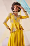 Shop_Anu Pellakuru_Yellow Jacket Raw Silk Hand Embroidered Zardosi V Neck And Palazzo Set _Online_at_Aza_Fashions