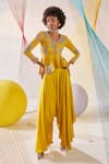 Anu Pellakuru_Yellow Jacket Raw Silk Hand Embroidered Zardosi V Neck And Palazzo Set _at_Aza_Fashions