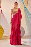 Buy_Anu Pellakuru_Pink Saree Chinon Chiffon Hand Embroidered Pre-draped Ruffle With Blouse _Online_at_Aza_Fashions