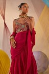 Anu Pellakuru_Pink Saree Chinon Chiffon Hand Embroidered Pre-draped Ruffle With Blouse _at_Aza_Fashions