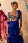 Buy_Anu Pellakuru_Blue Saree Satin Chiffon Hand Embroidered Pre-draped With Blouse _Online_at_Aza_Fashions