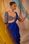 Shop_Anu Pellakuru_Blue Saree Satin Chiffon Hand Embroidered Pre-draped With Blouse _at_Aza_Fashions