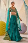 Shop_Anu Pellakuru_Blue Cape Organza Hand Embroidered Resham Knots Round Lehenga Set _Online_at_Aza_Fashions