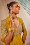 Anu Pellakuru_Yellow Anarkali Raw Silk Hand Embroidered Badla V Neck With Dupatta _at_Aza_Fashions