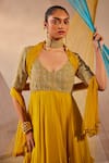 Buy_Anu Pellakuru_Yellow Anarkali Raw Silk Hand Embroidered Badla V Neck With Dupatta 