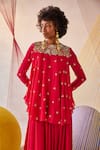 Shop_Anu Pellakuru_Red Tunic Chinon Chiffon Hand Embroidered Zardosi Round And Pant Set _at_Aza_Fashions