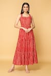 Buy_Samyukta Singhania_Red Muslin Embellished Bandhej Square Print Tiered Maxi Dress _at_Aza_Fashions