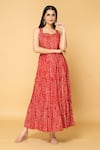 Samyukta Singhania_Red Muslin Embellished Bandhej Square Print Tiered Maxi Dress _at_Aza_Fashions