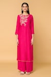 Adara Khan_Pink Dola Silk Embellished Floral Round Straight Kurta Set_Online_at_Aza_Fashions