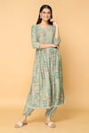 Samyukta Singhania_Green Muslin Printed Mirror Work V Neck Geometric Kurta With Naira Cut Pant _at_Aza_Fashions